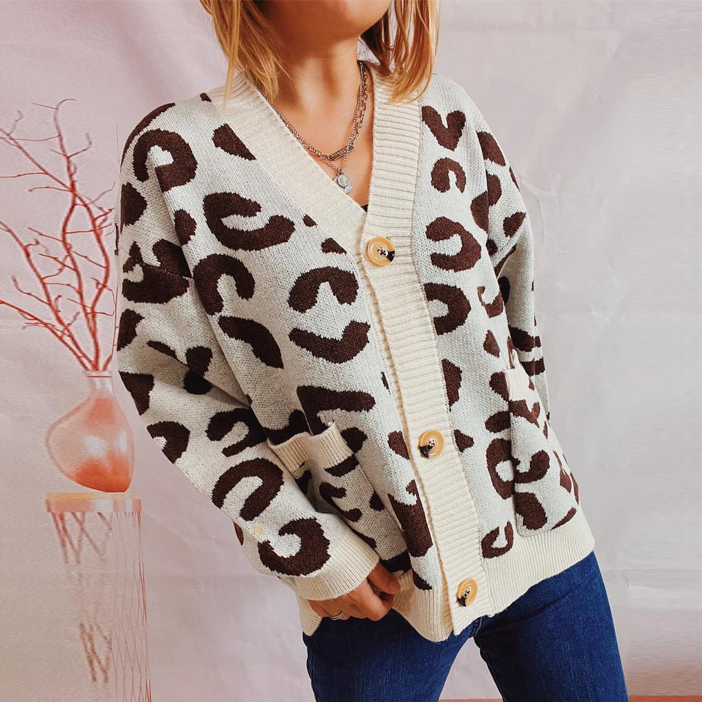 Autumn and Winter New Loose Casual Leopard Print Single Breasted Long Sleeved V-neck Knitted Sweater Jacket 3539 KTB