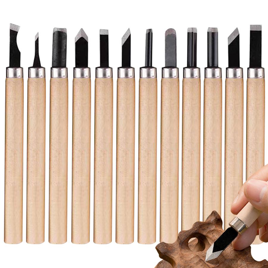 6-12pcs High Manganese Steel Engraving Knife with Wooden Handle Professional Handmade Wood Carving Chisel Tools Kit