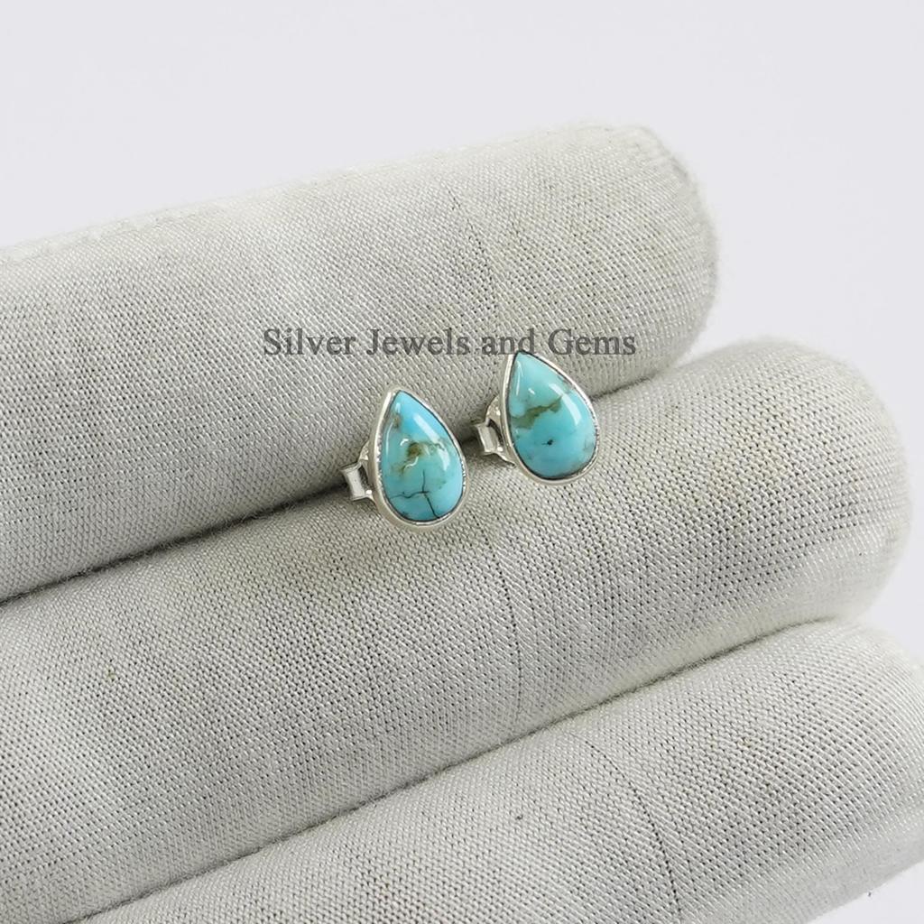 Natural Turquoise Stud Earrings, Teardrop Turquoise Studs, Tiny Stud Earrings, 925 Sterling Silver Studs, Gift for Wife