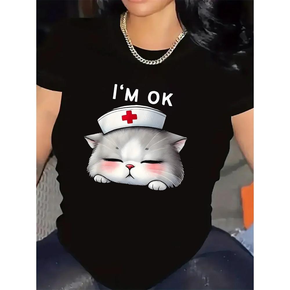 

Women Nurse Cat Print T Shirt Summer Casual Short Sleeve Lightweight Comfortable Fit Daily Wear Fashion Tops Clothes S