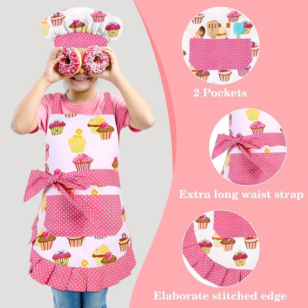 Kids Aprons for Cooking,Kids Chef Hat and Apron with Large Pocket for Baking Cupcake kids Apron for 6-12 Years