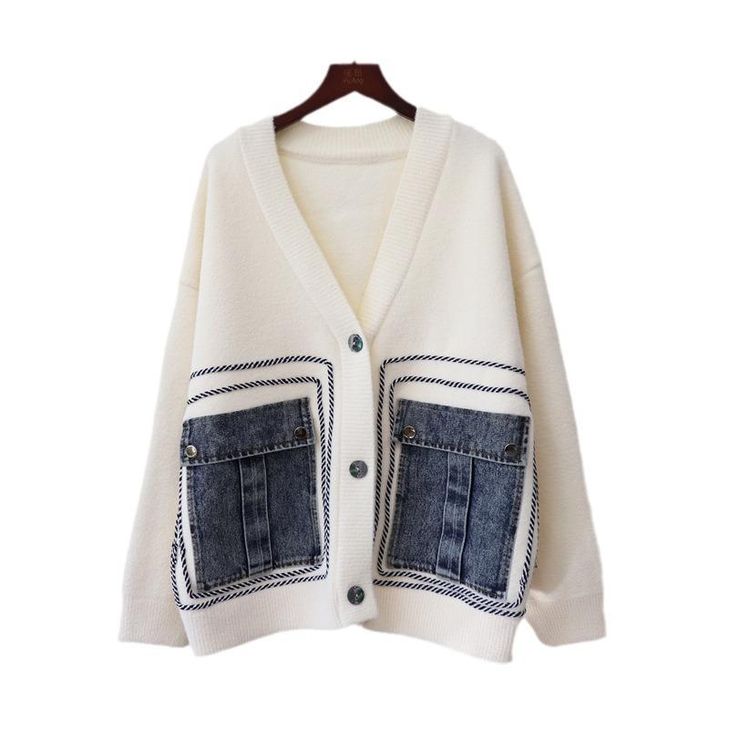 Autumn and winter new splicing denim pocket knitted double-sided woolen cardigan casual loose versatile sweater jacket women