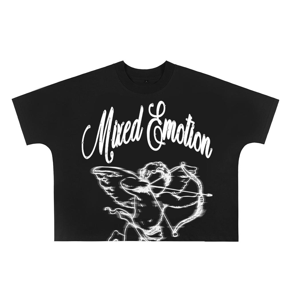 MIXED EMOTION High Quality Beauty Tide High Street Angel Hot Diamond Retro Loose Short Sleeve Full of Printed Men's and Women's T-shirts