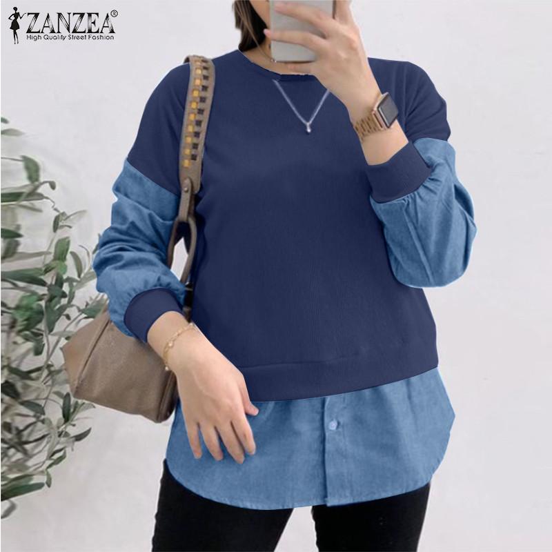 ZANZEA Women Casual O-neck Fake Two Piece Splice Long Sleeve Blouses
