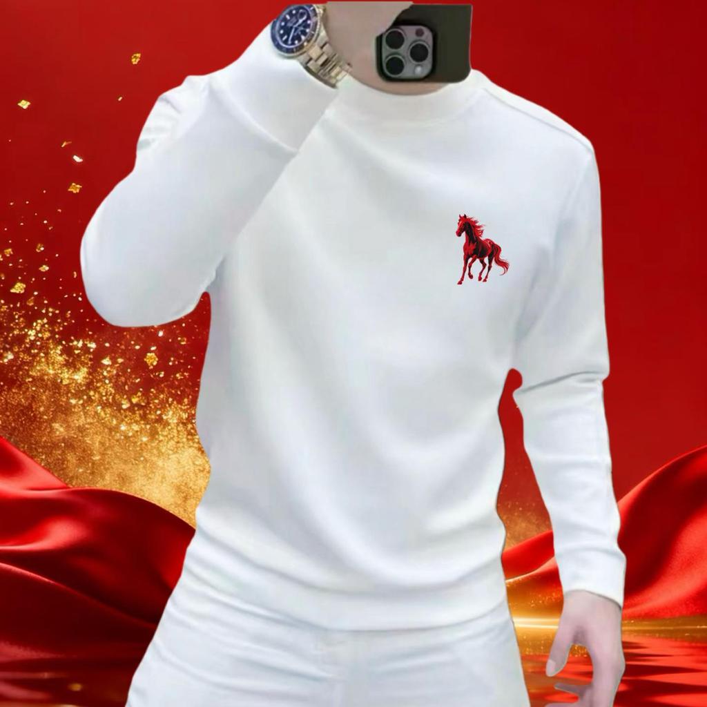 2026 Year of the Horse Zodiac Men's Red Hoodie - Cotton Print Long Sleeve T-Shirt Top