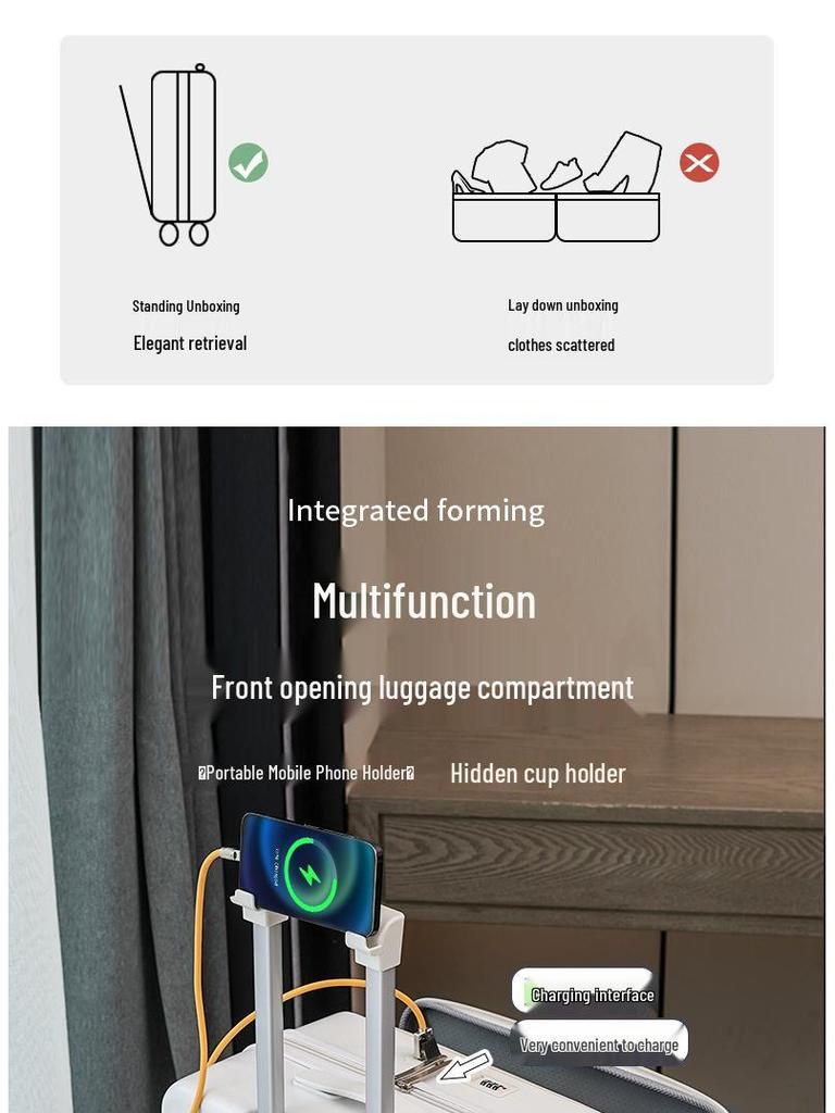 20-inch Front-Opening Multifunctional Suitcase with Combination Lock for Men and Women