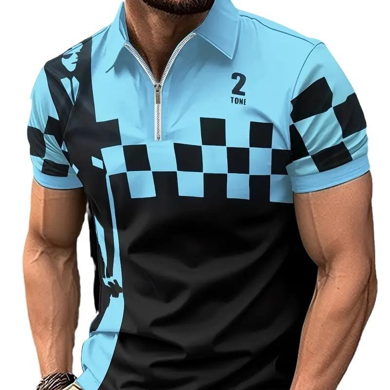 New Men's Lapel Fashion Square Plaid Printed Men's T-shirt POLO Shirt Men's Tops