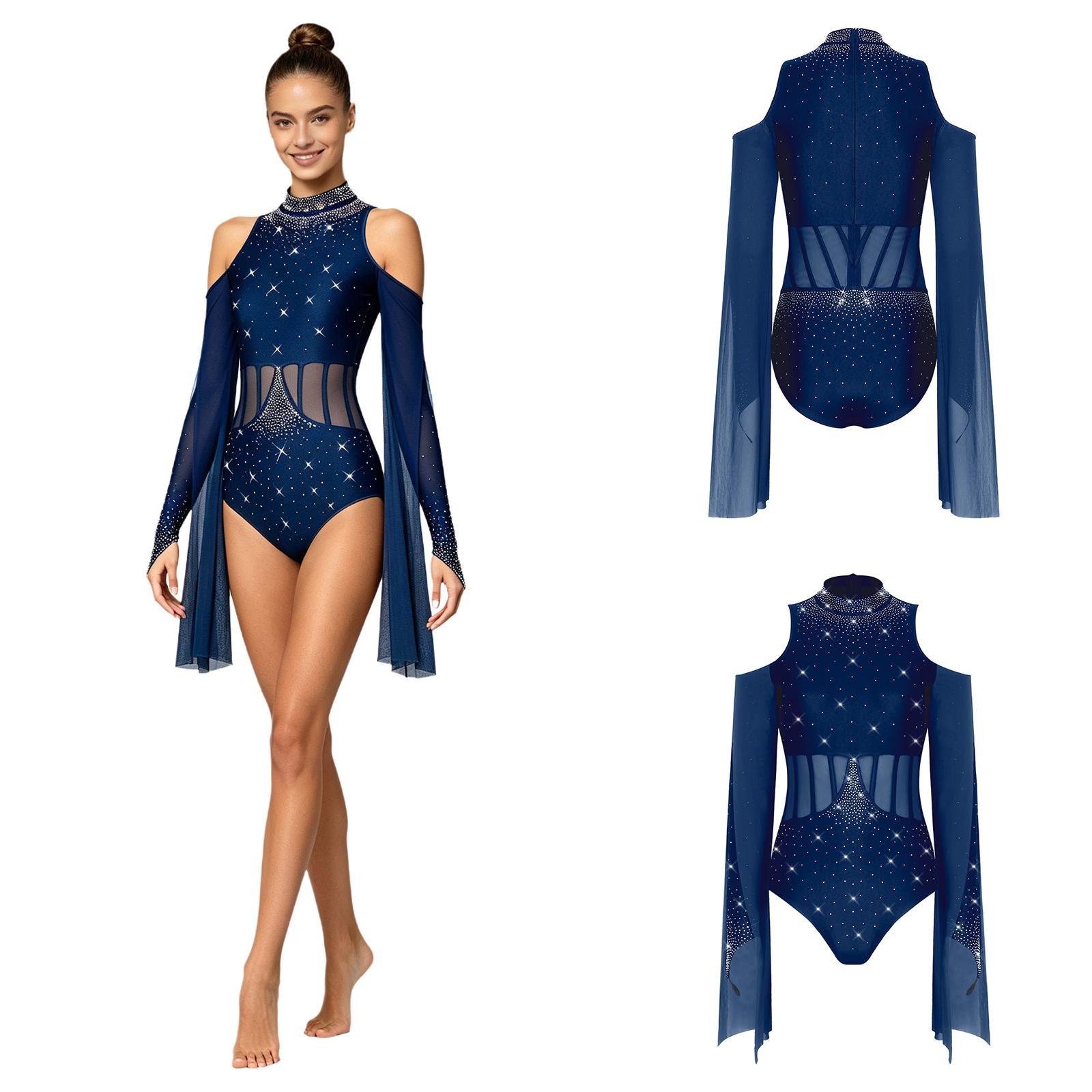 Damen Lyrisches Tanz-Leotard Glitzernde Strasssteine Kalte Schulter Lange Ärmel Durchsichtige Netz-Taille Einteiler Bodysuit Tanzkleidung Bühne Wettbewerb Performance M navy blau