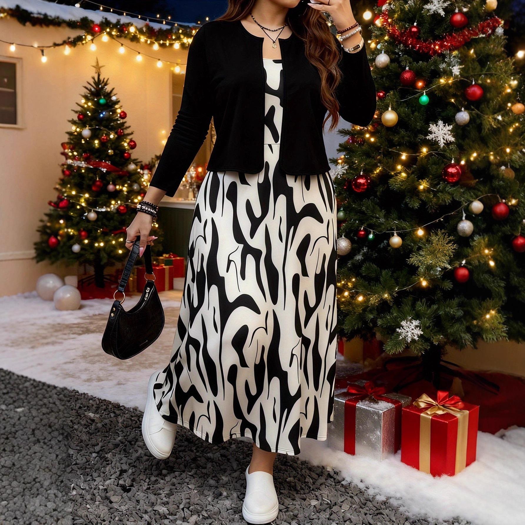 Plus Size Women s Autumn/Winter Casual Printed Skirt & Dress Set with Pockets 4XL