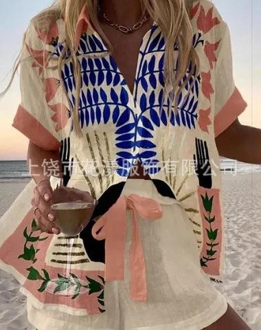 (Imitation Linen) Hot Sale Casual Holiday Shirt Set Beach 1D Printed Shirt Shorts Women's Set