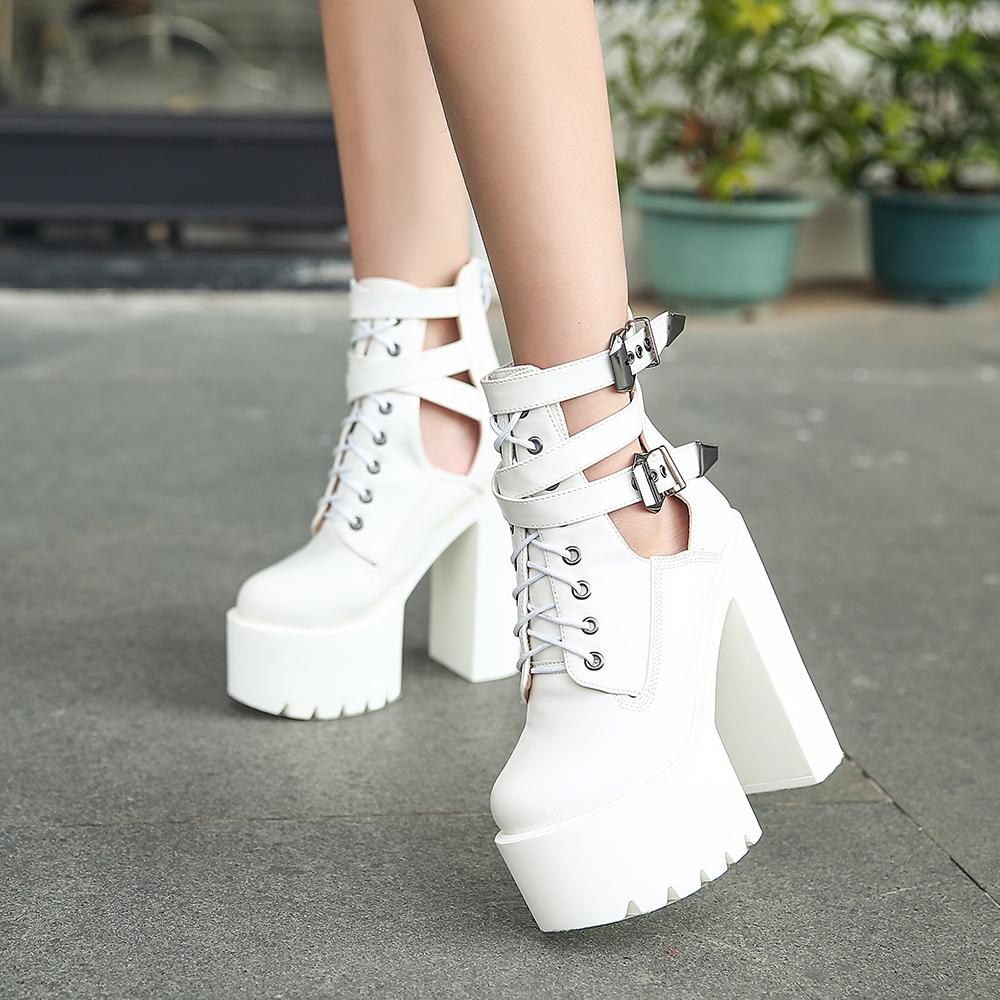 Gdgydh Sexy Fivela Tira Sapatos Femininos Boate Salto Alto Botas de Cano Alto Plataforma Salto Baixo Gótico Botas Femininas com Zíper