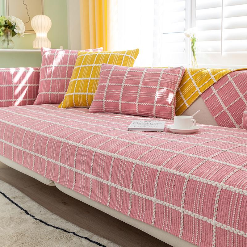 Gray Sofa Cushion Cotton and Linen Thickened, Universal for All Seasons, Simple Modern Anti-slip Plaid Sofa Cover with Cloth Towel