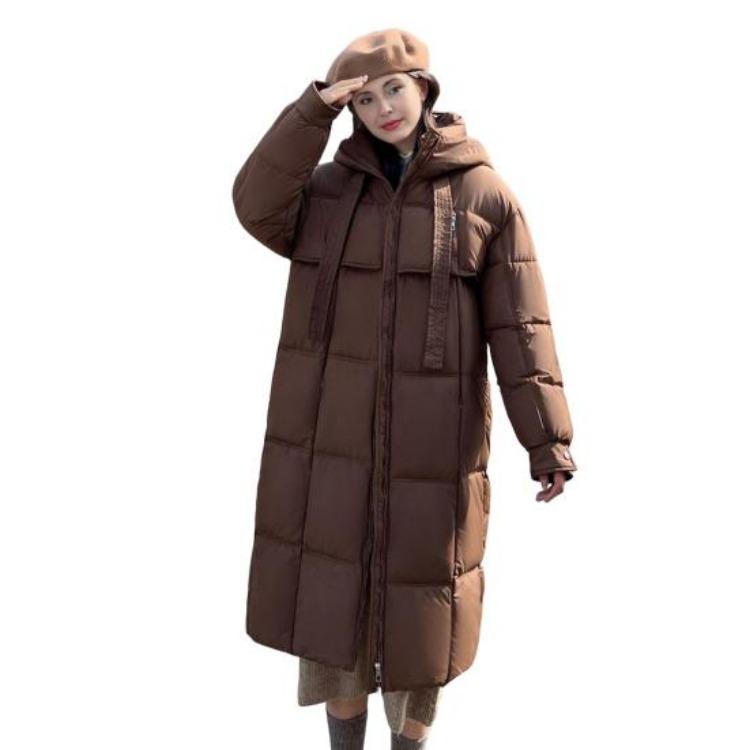 

Winter Warm Hooded Long Puffer Jacket for Women Thickened Down Coat with Zip Pockets Long Sleeve 2XL кавовий