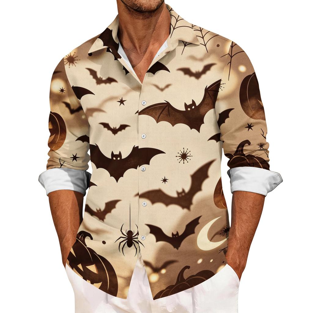 Men's Casual Long Sleeve Halloween Print Button Down Shirt Relaxed Fit Lightweight Breathable Fabric Comfortable Daily Wear