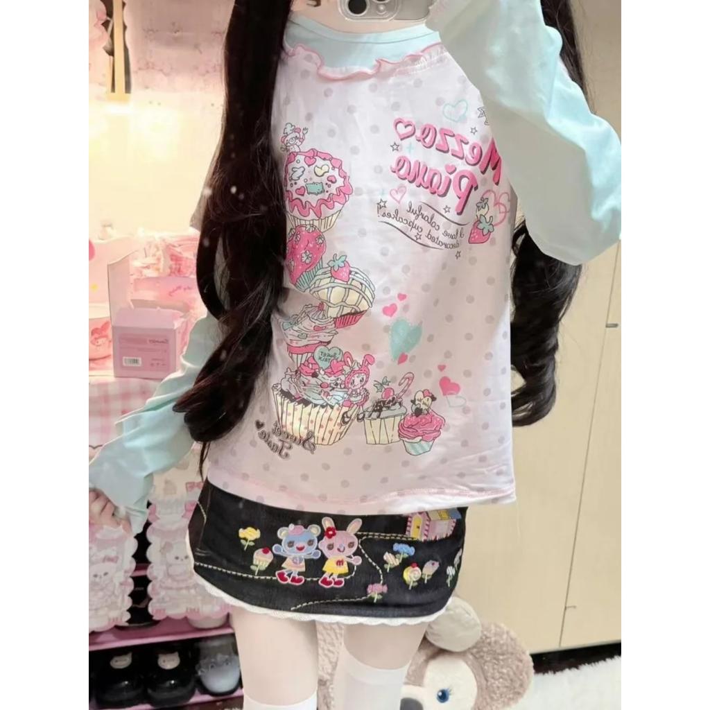 TrendHub Japanese Sweet Cartoon Polka Dot Print Women T-shirt Loose Kawaii Contrast Color Cute Graphic Tee Tops Y2k Aesthetic Tshirts