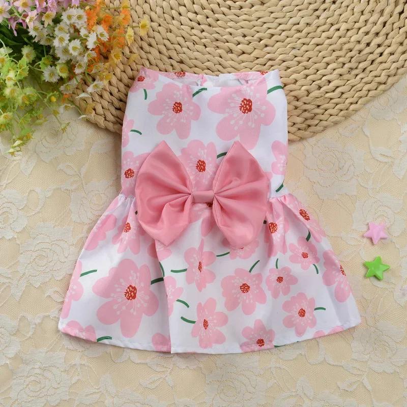 Cute Floral Pet Dog Dress with Bow Summer Princess Puppy Skirt for Small Dogs Cats Teddy