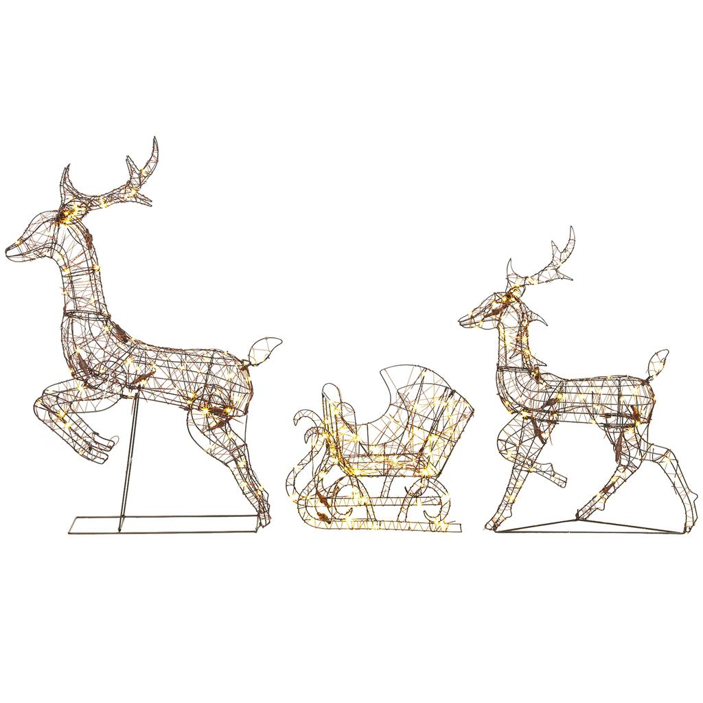 3-Piece Lighted Reindeer and Sleigh Set, PP Rattan Outdoor Christmas Decoration with LEDs, 8 Modes, Daily Timer