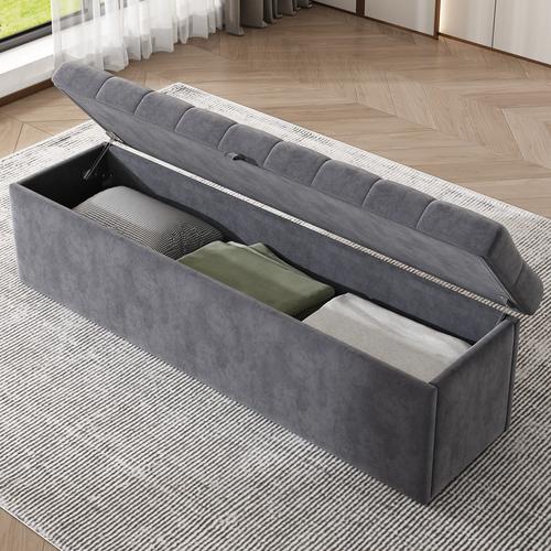 Letto imbottito 140 x 200 cm, con pistone idraulico, letto funzionale con rete a doghe e contenitore, con panca contenitore imbottita, velluto, grigio