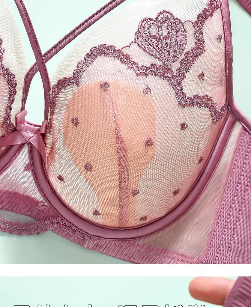 French Style Ultra-Thin Breathable Large Bust Minimizing Push-Up Bra with Soft Underwire and Rabbit Ear Crystal Cup