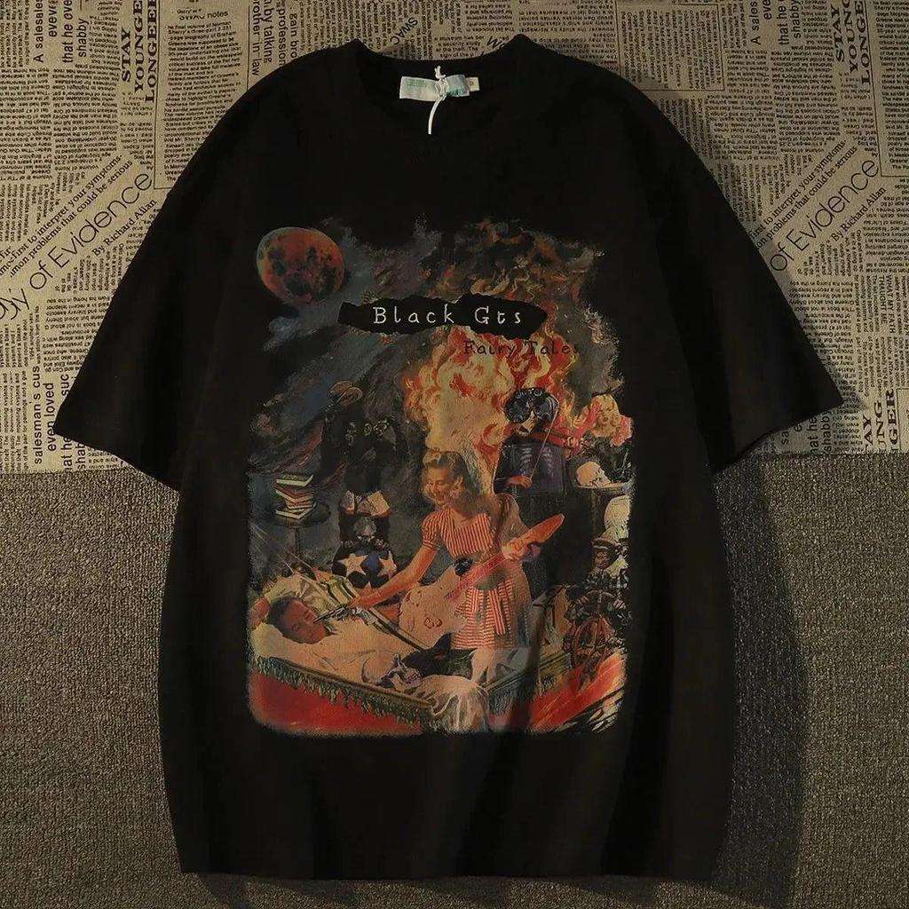 2025 Black Printed Cotton Short Sleeve T-Shirt - Loose Fit