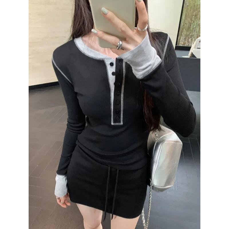 Korean Series Contrast Color Knit T-shirt Women Autumn 2024 New Long Sleeve Inner Wear Slim Fit Short Round Neck Base Top