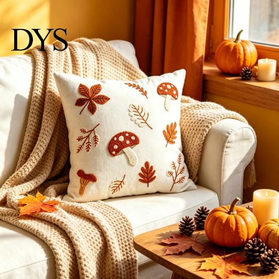 Soft Breathable Sofa Pillow Cover Autumn Embroidered Pillowcase, Mushroom Leaf Throw Cover, 18"x18" 20"x12" Square Bed Farmhouse for Bedroom