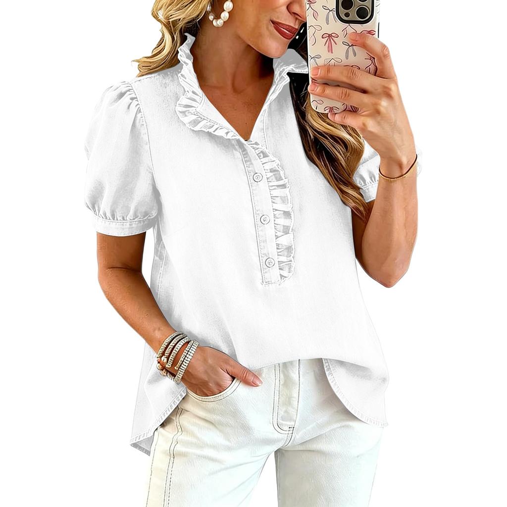 Women Ruffle V Neck Blouse Short Sleeve Casual Loose Fit Solid Top with Button Front and Puff Sleeves for Daily Wear
