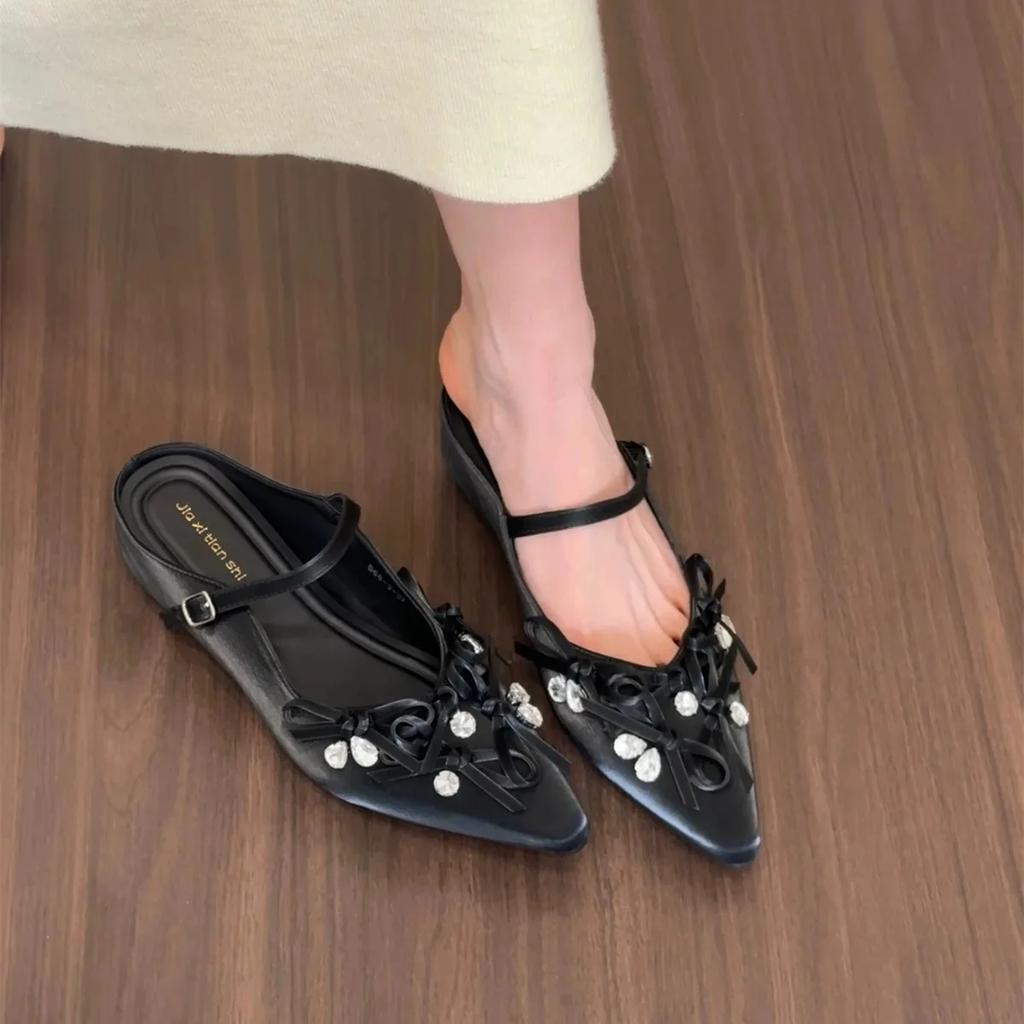 Women's Butterfly Knot Head Cover Half Slippers Crystal Embellished Flat Shoes Outdoor Wear Spring Summer Silver Color