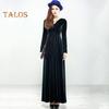 Women Evening Dress Golden Velvet V Neck Pleated A-line Pure Color Long Sleeves Full Length Dress High Waist Prom Party Maxi Dress