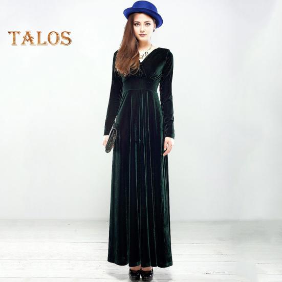 Abendkleid für Damen, goldener Samt, V-Ausschnitt, plissiert, A-Linie, reine Farbe, lange Ärmel, langes Kleid, hohe Taille, Abschlussball, Party, Maxikleid