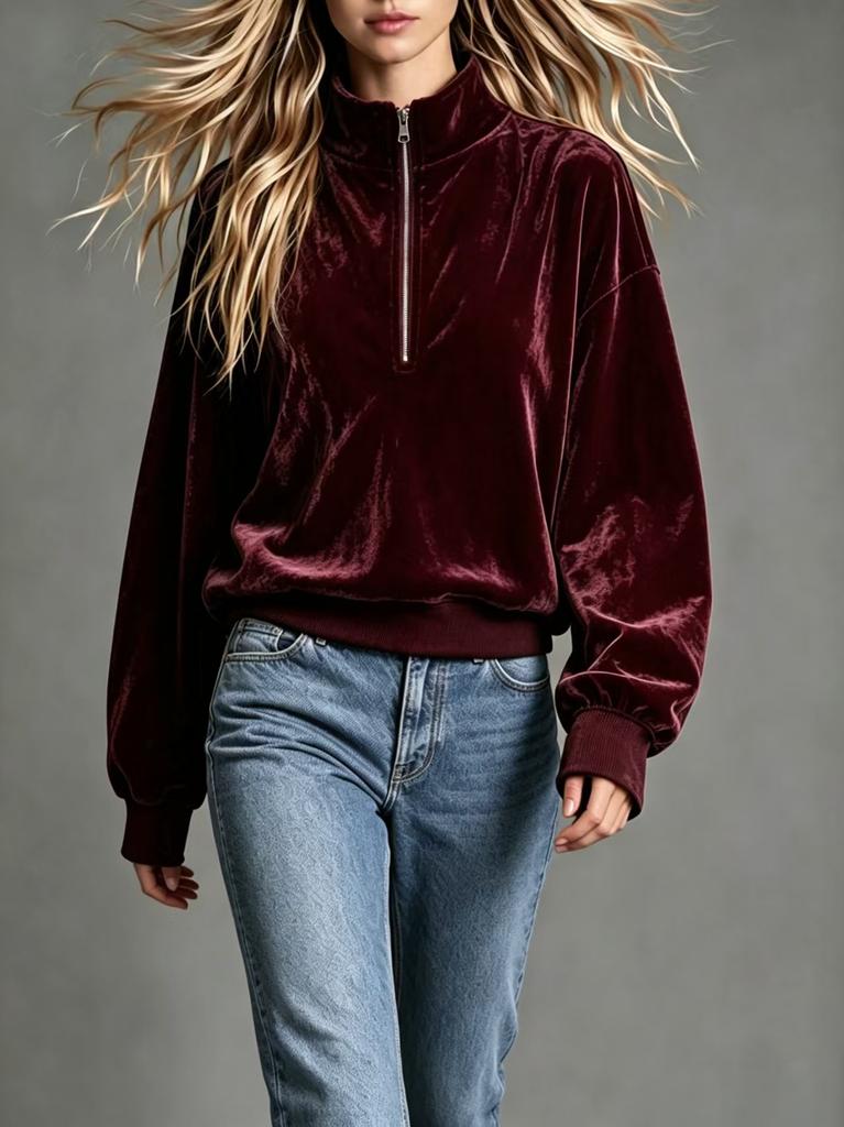 Women's Casual Color Velvet Top with Stand Collar and Long Sleeve - Loose Fit Blouse