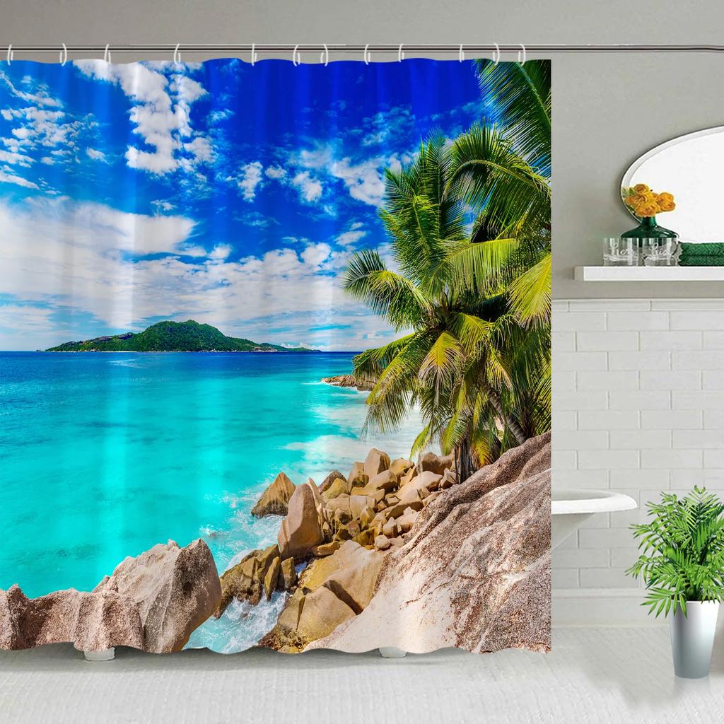 Hawaii Landscape Outdoor Shower Curtain Island Beach Coconut Tropical Ocean Natural Landscape Hanging Curtain Bathroom Decor Set