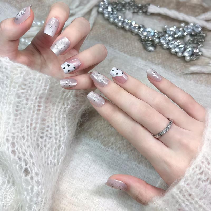 Handmade Graffiti Star Bowknot Cat Eye Nail Art with Removable Glass Beads S (Suitable for 70% of people)