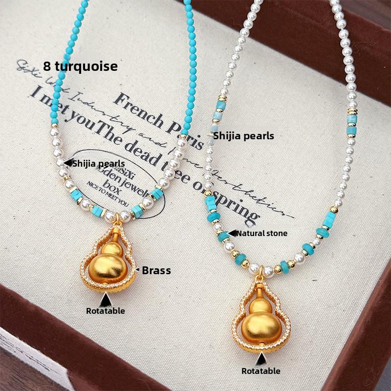 Fashion Chinese Style Gourd Austrian Pearl Necklace, Original Rotatable Design Light Luxury Long Sweater Chain