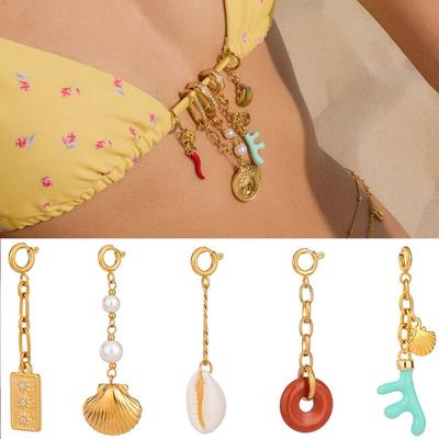 Vintage Stainless Steel Bikini Pendant Shell Gold Bikini Buckle Charms Ocean Series Body Chain Women