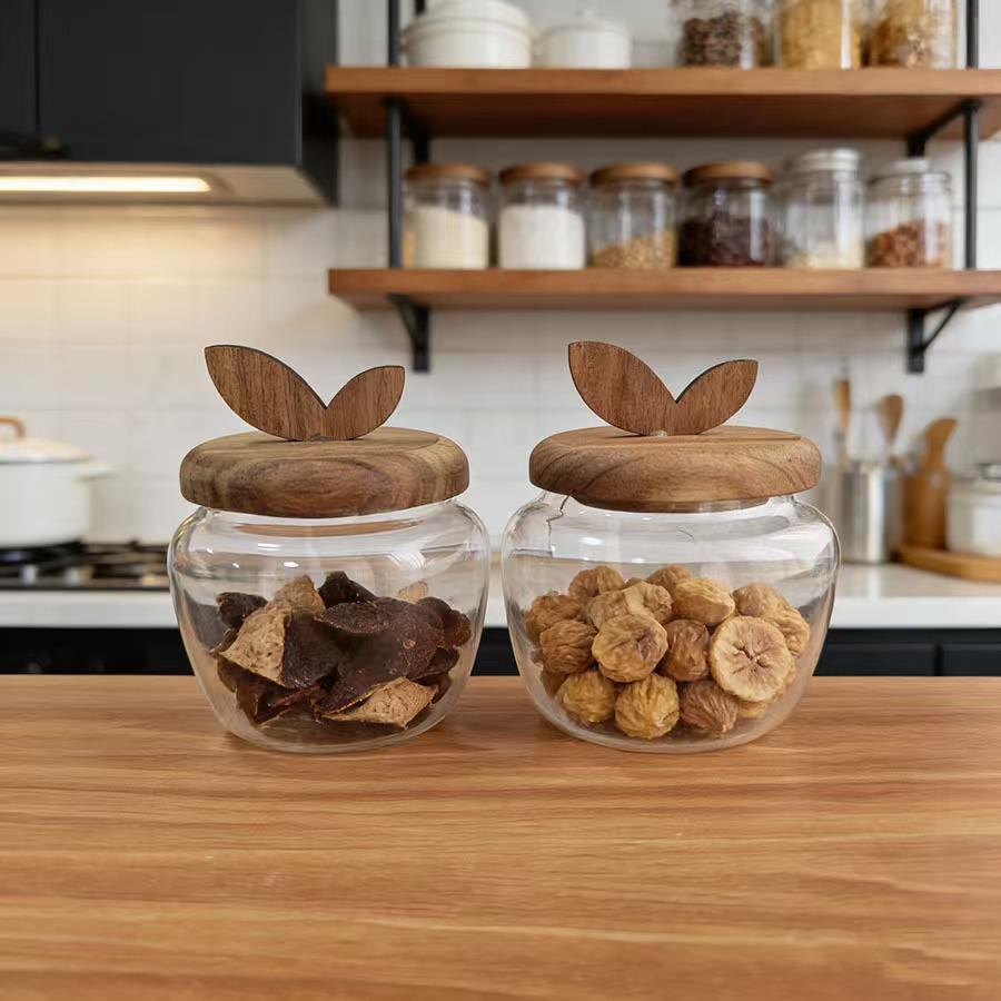 Striped Borosilicate Glass Jar with Acacia Lid & Spoon for Tea, Grains, Cereal Storage