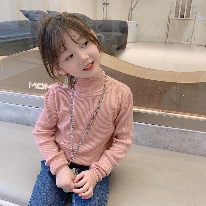 Girls Solid Half High Collar Long Sleeve Pullover Sweater Kids Casual Bottoming Inner Top