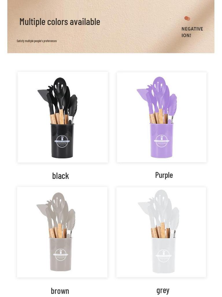 12dílná silikonová sada kuchyňského náčiní s dřevěnými rukojeťmi a úložným kbelíkem