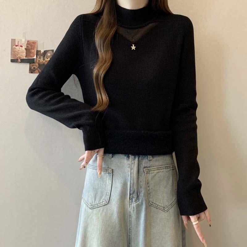 Large size belly cover half turtleneck sweater bottoming shirt women's 1011 autumn and winter new fat MM hollow thin top