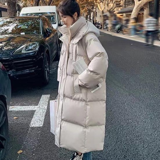 Winter Down Coat Zipper Hooded Solid Color Midi Length Cardigan Keep Warm