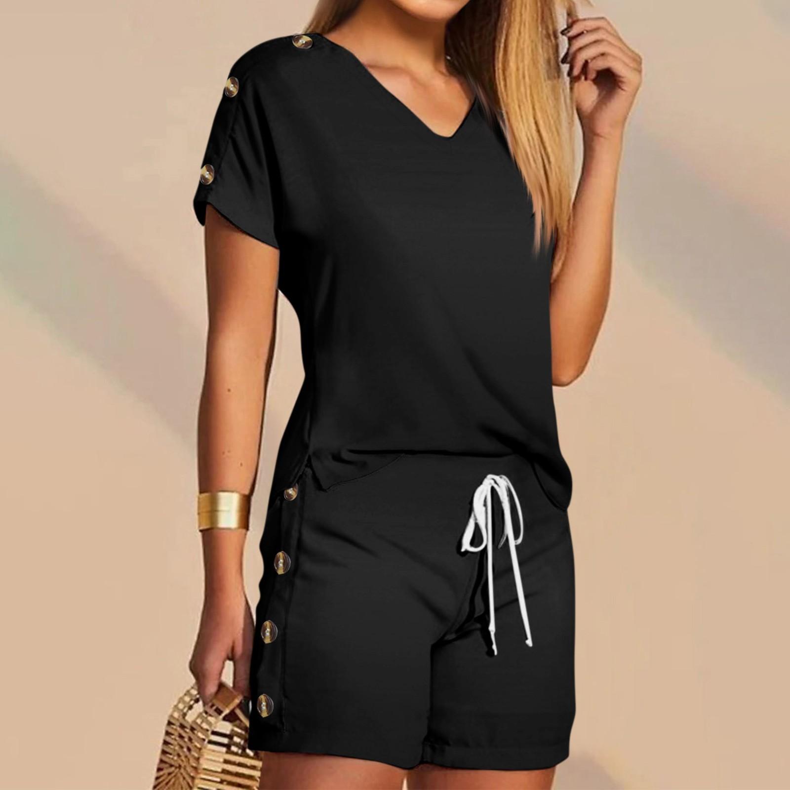 

Женские футболки, футболки, шорты, комплекты с графикой, повседневные однотонные комплекты с V-образным вырезом, стандартная посадка XL