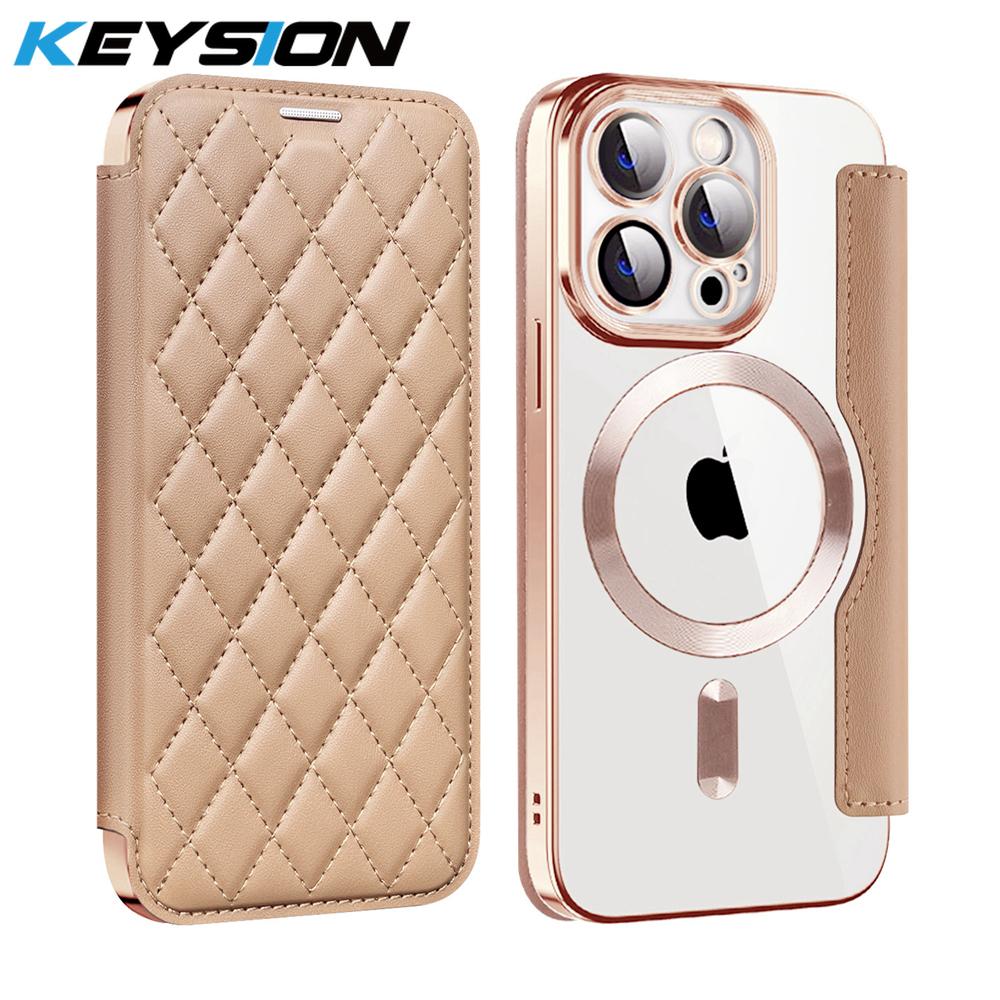 KEYSION Custodia Portafoglio a Libro in Pelle Placcata per iPhone 11 12 13 Pro Max Slot per Carte Ricarica Wireless Magnetica Cover Posteriore del Telefono