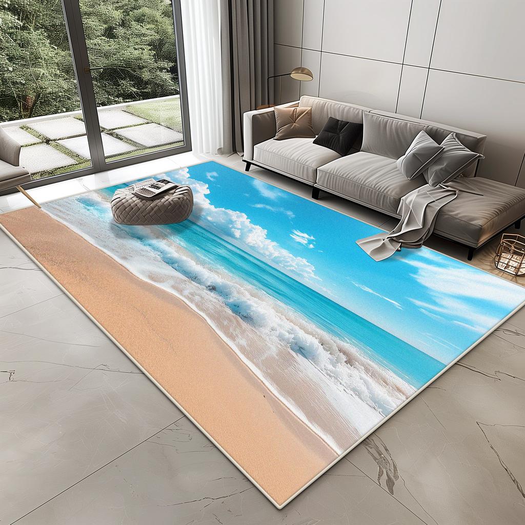 3D Vision Seaside Design Carpet for Living Room Home Decoration Modern Bedroom Rug Lounge Non-slip Washable Plush Floor Mat Soft