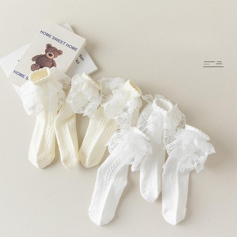 3 Pair/set White Lace Trim Girls Socks Pure Cotton Princess Socks for Kids Soft Beige Color School Lolita Calf Socks for Toddler