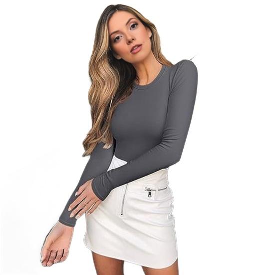 

Женские топы с длинным рукавом, круглым вырезом, облегающие, пуловеры, однотонные, базовый слой, рубашка, осень-зима, для повседневной носки S темно-серого