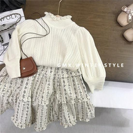 Kids' Korean Mohair Bubble Sleeve Knitted Cardigan & Floral Stand Collar Dress