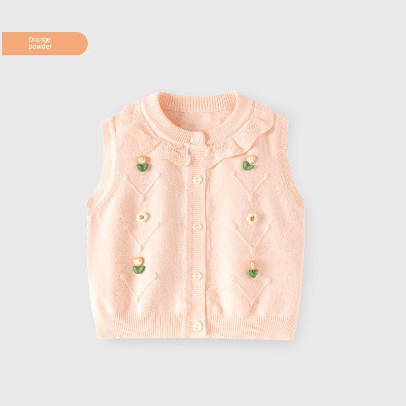 Fresh Little Flowers, Cute and Sweet Kidsren s Knitwears, Spring and Autum Kidsren s Clothing, Girls  Vests, Cardigans, Baby Sweaters and Vests Orange Pink-Pb652 120 cm