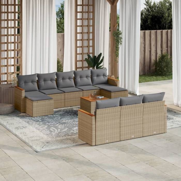 VidaXL Salon de Jardin avec Coussins 11 pcs, Canapés de Terrasse, Ensemble de Meubles de Patio, Mobilier d'Extérieur, Beige 3258825