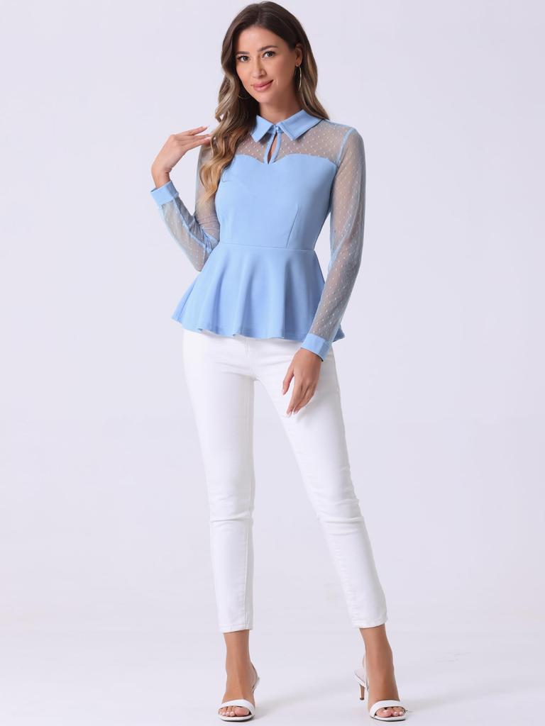 Allegra K Round Collar Blouse with Long Mesh Peplum Sexy Polka Dot Slimming Shirt for Office Light Size XL Women's See-Through Sleeves, Top, Shirt,