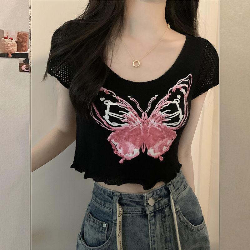 Butterfly Print Knitted Short Sleeved T-shirt for Women with A Unique and Chic Design Featuring A Niche Hollow Out Short Cut Top